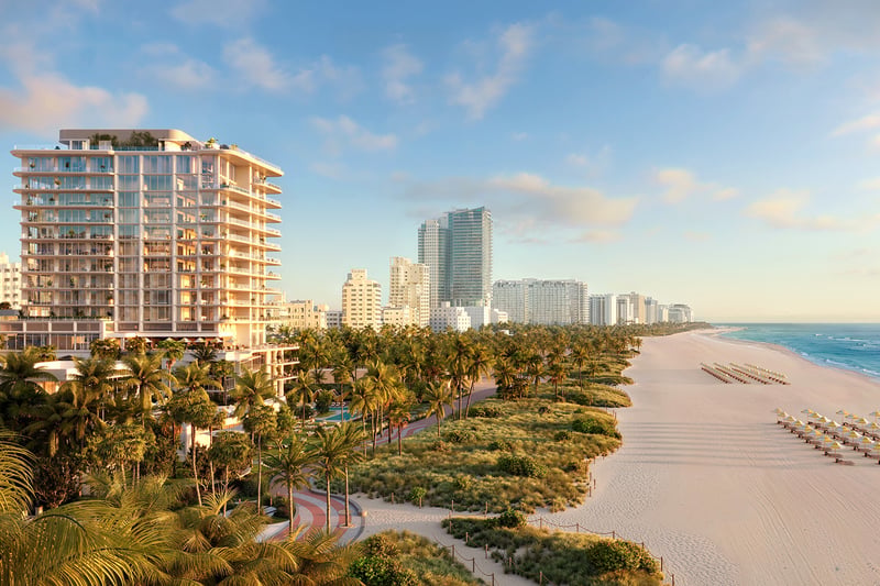 The Ritz‑Carlton South Beach sunrise skyline over Miami Beach, oceanfront landmark amid luxury and ultra luxury condos; resale.