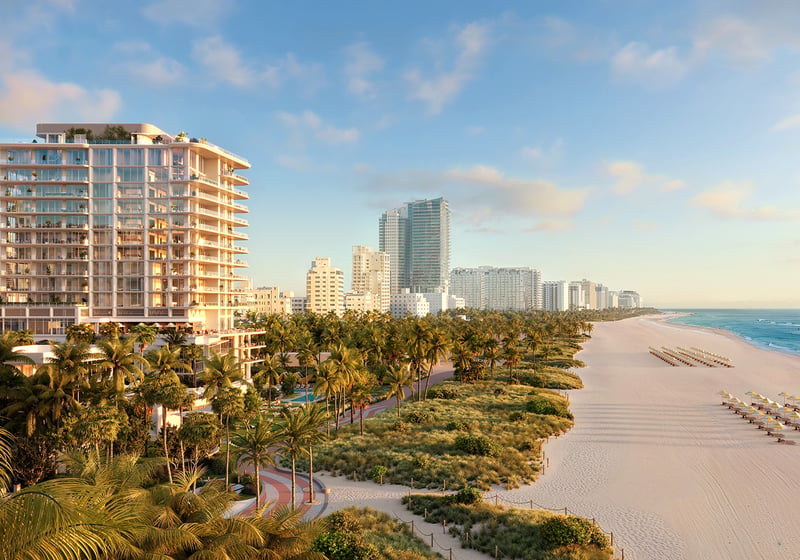 The Ritz‑Carlton South Beach sunrise skyline over Miami Beach, oceanfront landmark amid luxury and ultra luxury condos; resale.