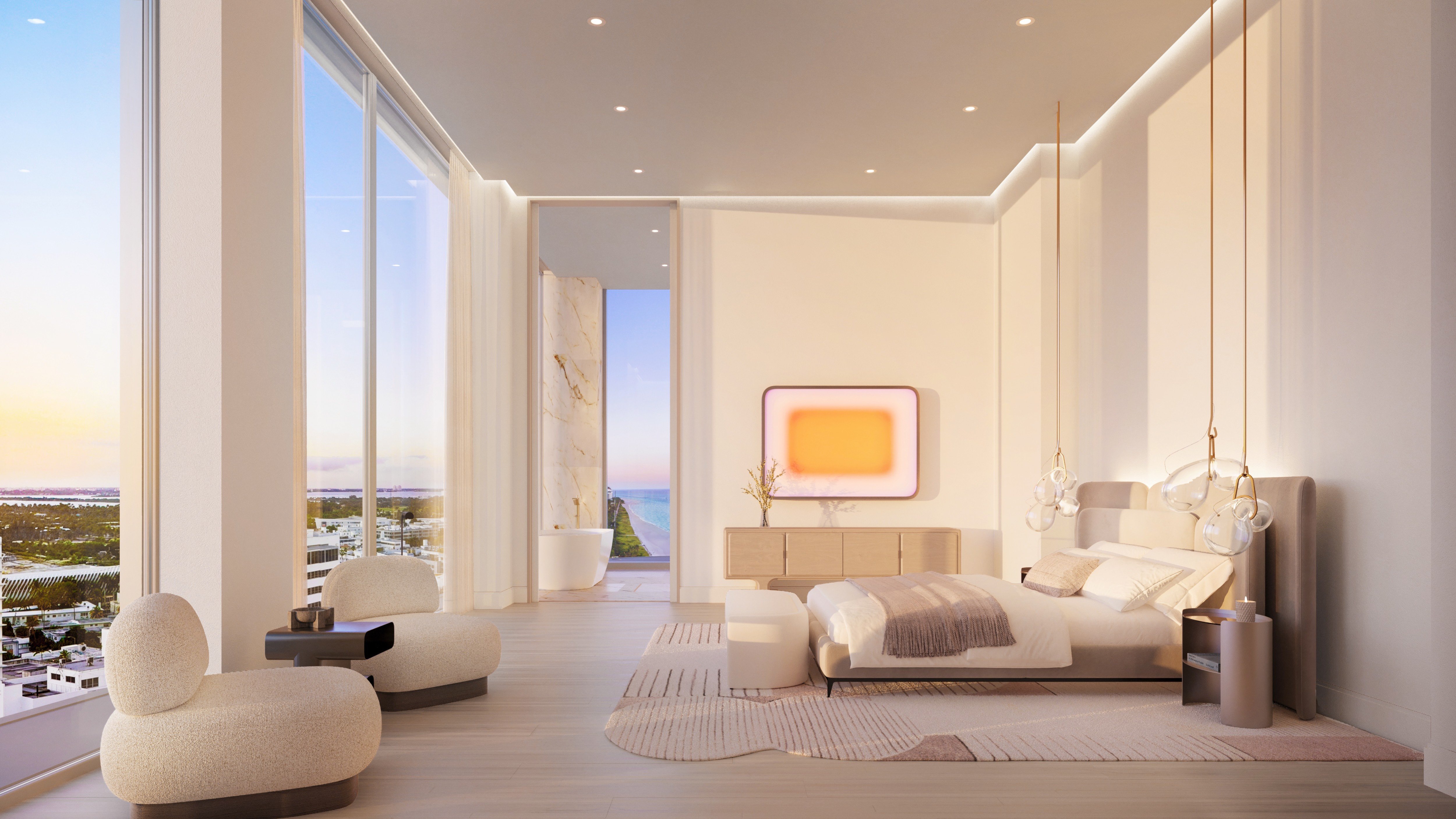 The Ritz‑Carlton South Beach bedroom with panoramic ocean view, Miami Beach, serene suite in luxury and ultra luxury condos; resale. Featuring modern interior.