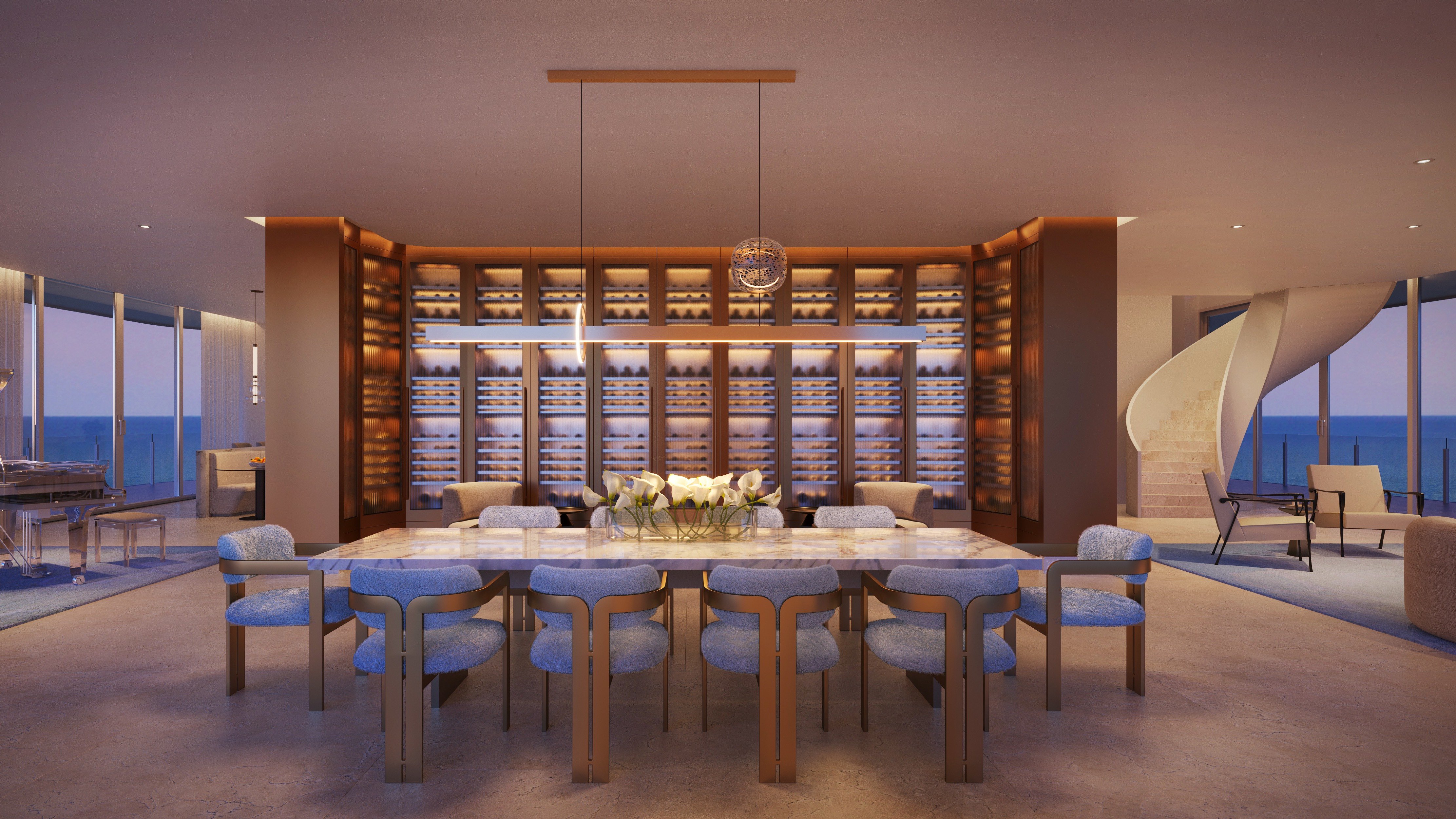 The Ritz‑Carlton South Beach dining room with ocean view, Miami Beach, indoor‑outdoor flow in luxury and ultra luxury condos; resale. Featuring modern.