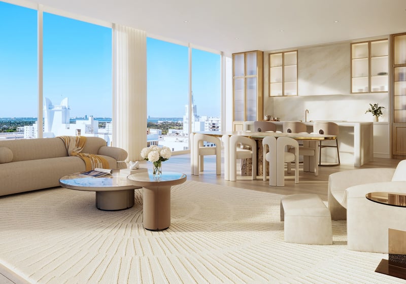 The Ritz‑Carlton South Beach living room with skyline and ocean views, Miami Beach, exclusive setting for luxury and ultra luxury condos; resale. Featuring modern interior view.