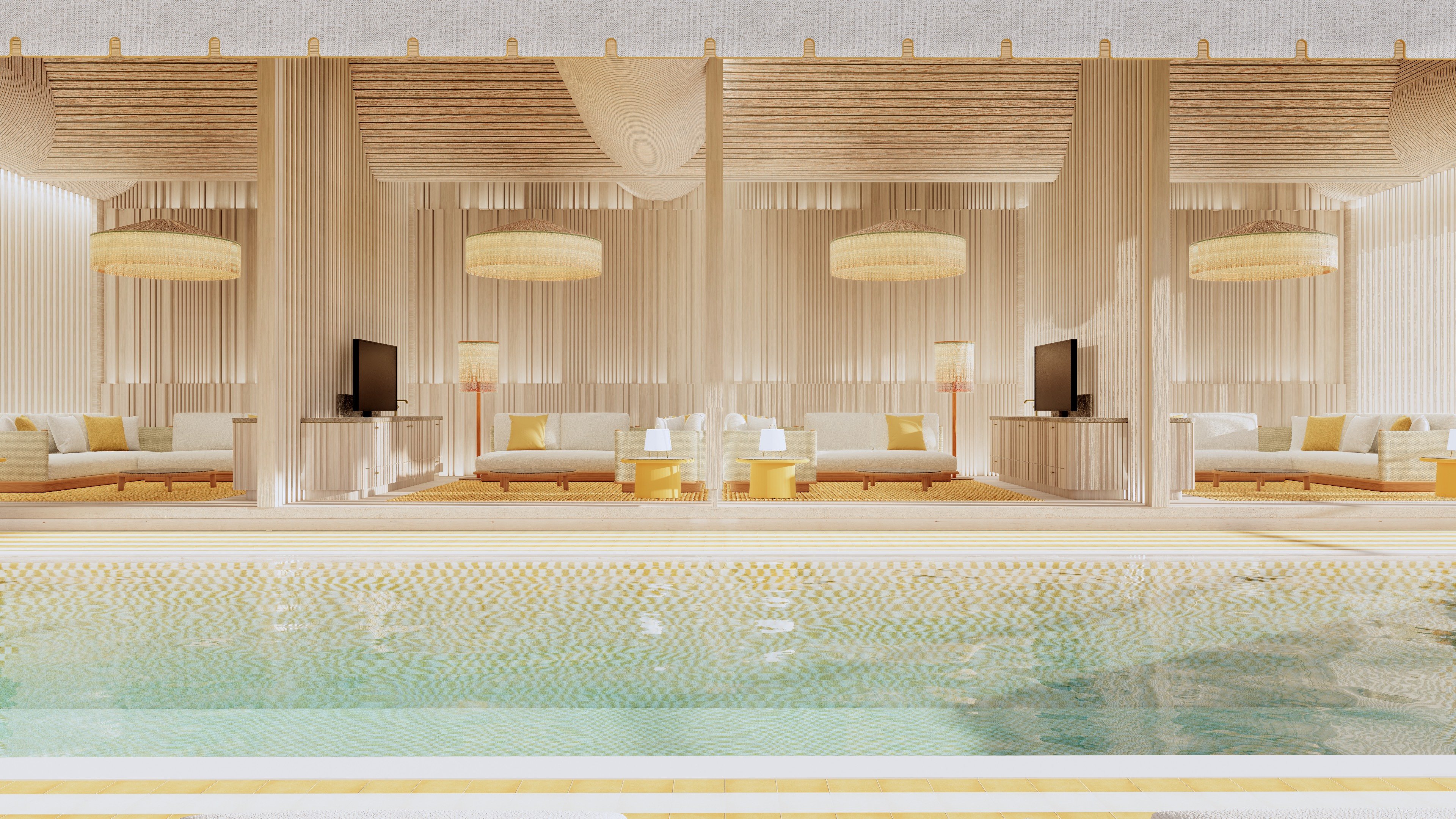 The Ritz‑Carlton South Beach lounge by the pool, Miami Beach, resort amenity for luxury and ultra luxury condos; resale. Featuring modern interior.
