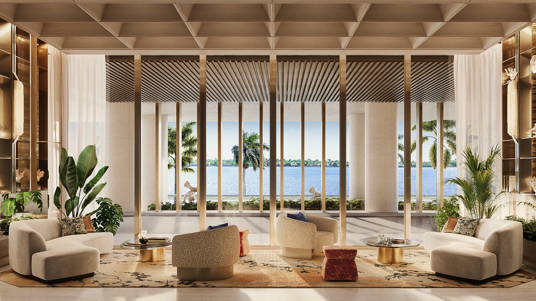 The Ritz‑Carlton West Palm Beach lounge with waterfront view. West Palm Beach; luxury and ultra luxury condos; exclusive preconstruction. Featuring interior.