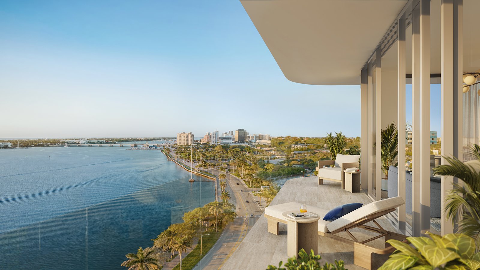 The Ritz‑Carlton West Palm Beach balcony over the Intracoastal. West Palm Beach; luxury and ultra luxury condos; preconstruction. Featuring waterfront and view.
