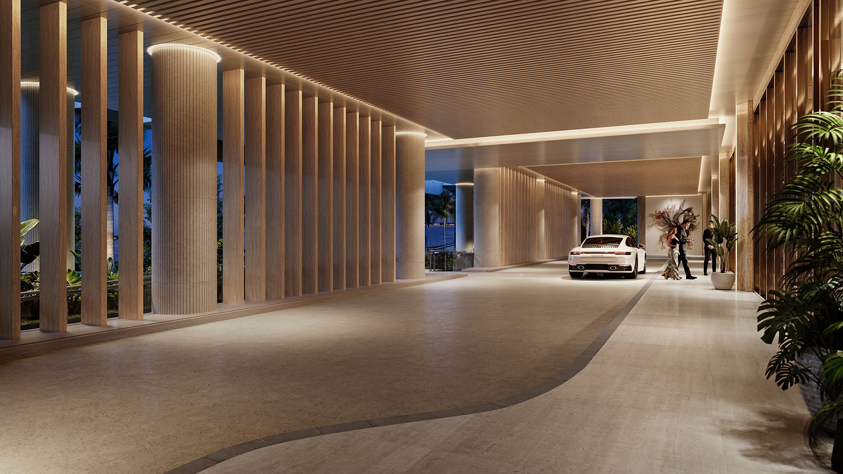 The Ritz‑Carlton West Palm Beach lobby with sportscar arrival. West Palm Beach; luxury and ultra luxury condos; preconstruction. Featuring people.