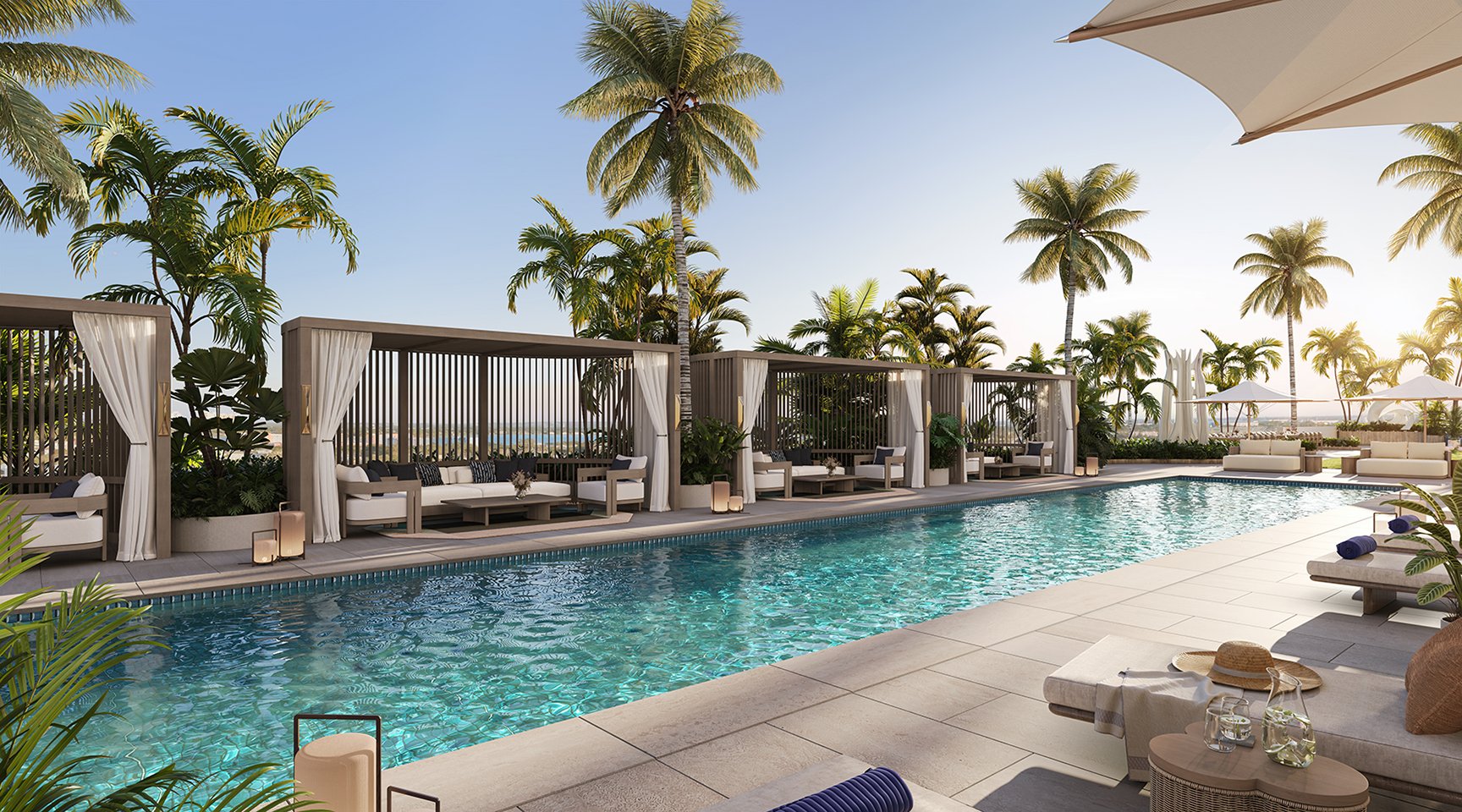 The Ritz‑Carlton West Palm Beach poolside retreat with cabanas. West Palm Beach; luxury and ultra luxury condos; preconstruction.