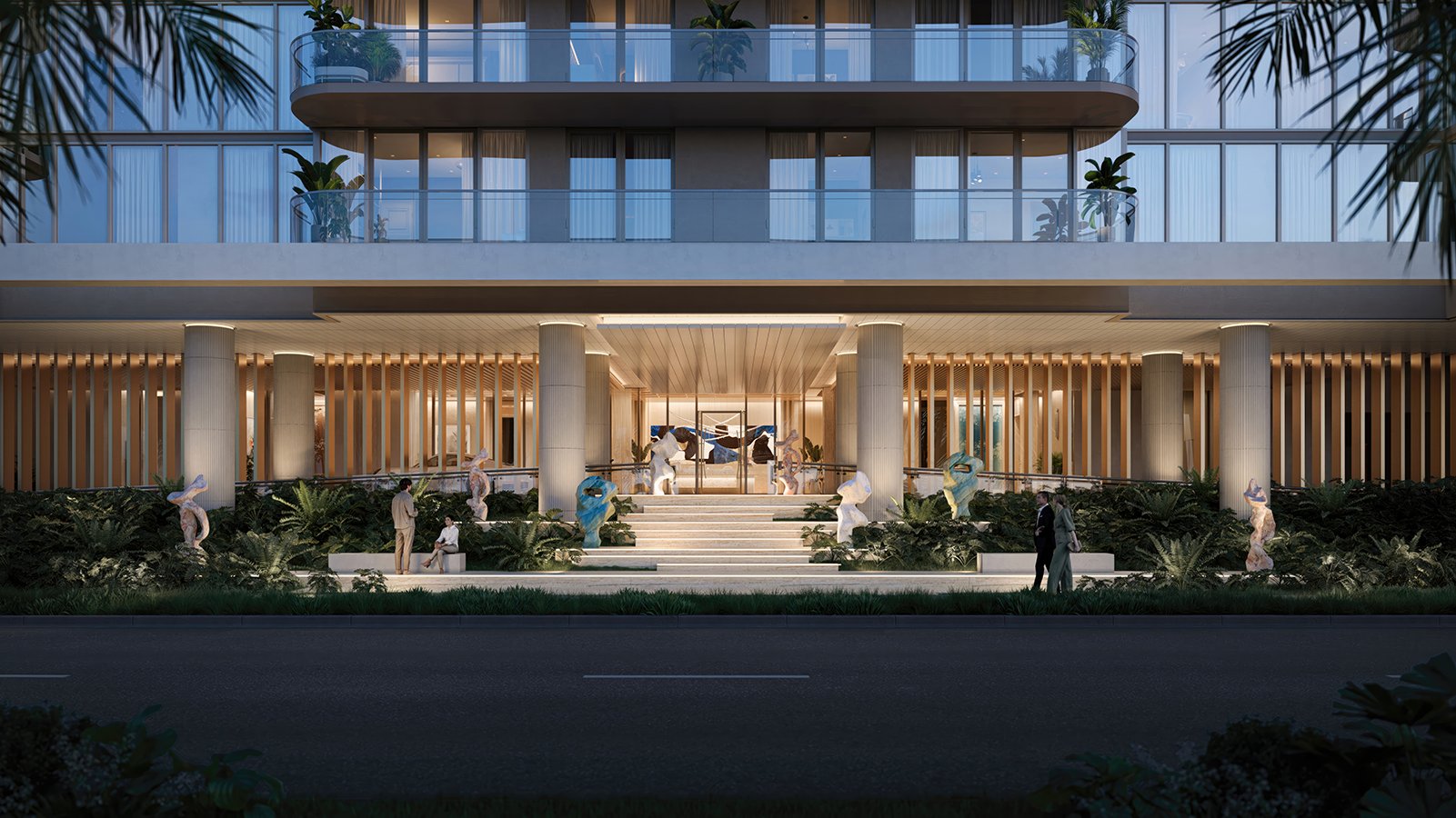 The Ritz‑Carlton West Palm Beach building entrance at night. West Palm Beach; grand arrival for luxury and ultra luxury condos; preconstruction. Featuring modern.