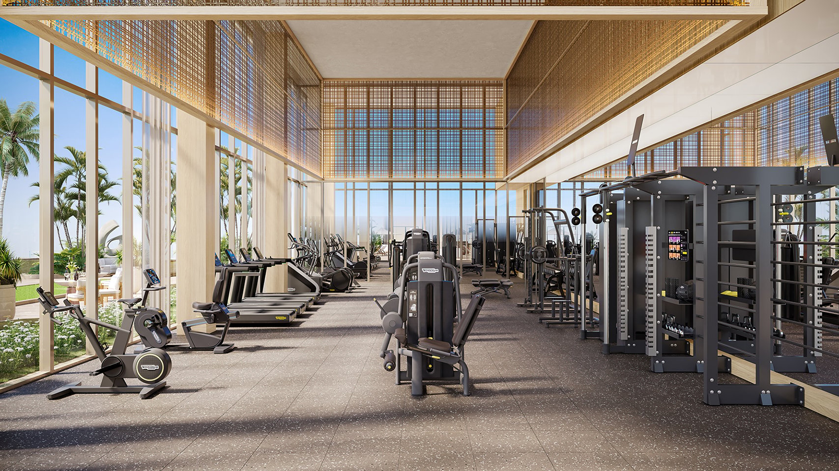 The Ritz‑Carlton West Palm Beach gym with palm‑tree view. West Palm Beach; wellness amenity for luxury and ultra luxury condos; preconstruction. Featuring modern interior.