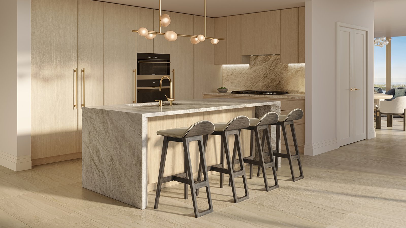 The Ritz‑Carlton West Palm Beach modern kitchen interior with island. West Palm Beach; chef‑ready finishes in luxury and ultra luxury condos; preconstruction. Featuring design.
