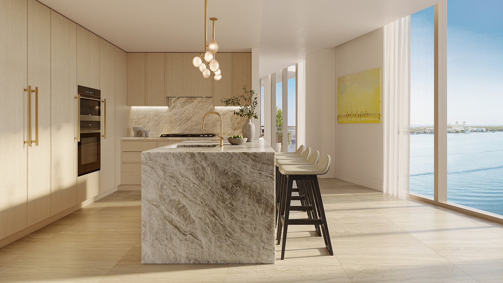 The Ritz‑Carlton West Palm Beach kitchen with water and city view. West Palm Beach; elevated interiors in luxury and ultra luxury condos; preconstruction. Featuring modern interior.