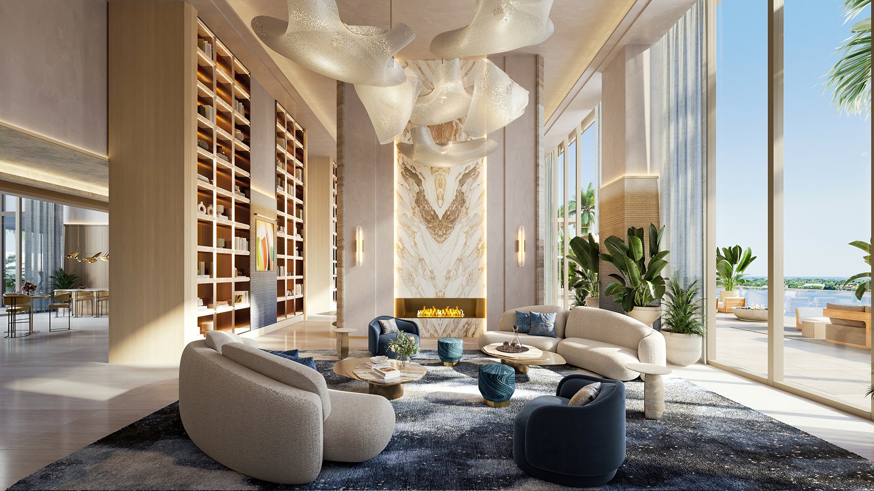 The Ritz‑Carlton West Palm Beach modern living room interior. West Palm Beach; refined space in luxury and ultra luxury condos; preconstruction. Featuring design.
