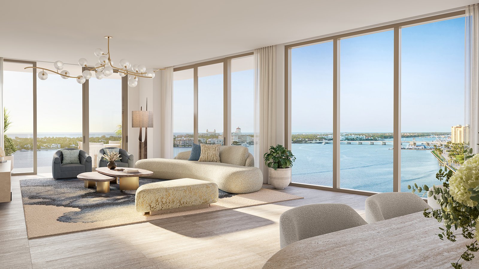 The Ritz‑Carlton West Palm Beach living room with water view. West Palm Beach; indoor‑outdoor lifestyle in luxury and ultra luxury condos; preconstruction. Featuring modern.