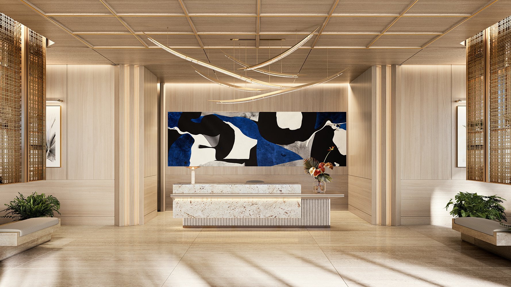 The Ritz‑Carlton West Palm Beach modern lobby interior. West Palm Beach; grand arrival for luxury and ultra luxury condos; preconstruction. Featuring design.