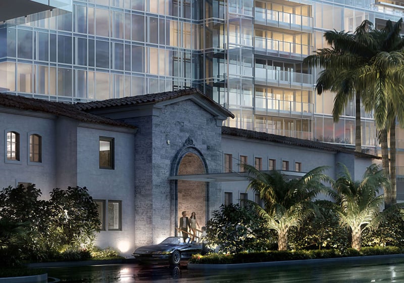 Arched entry arrival scene set beneath a glass tower and palms at The Surf Club Four Seasons, Fort Lauderdale luxury and ultra luxury condos.