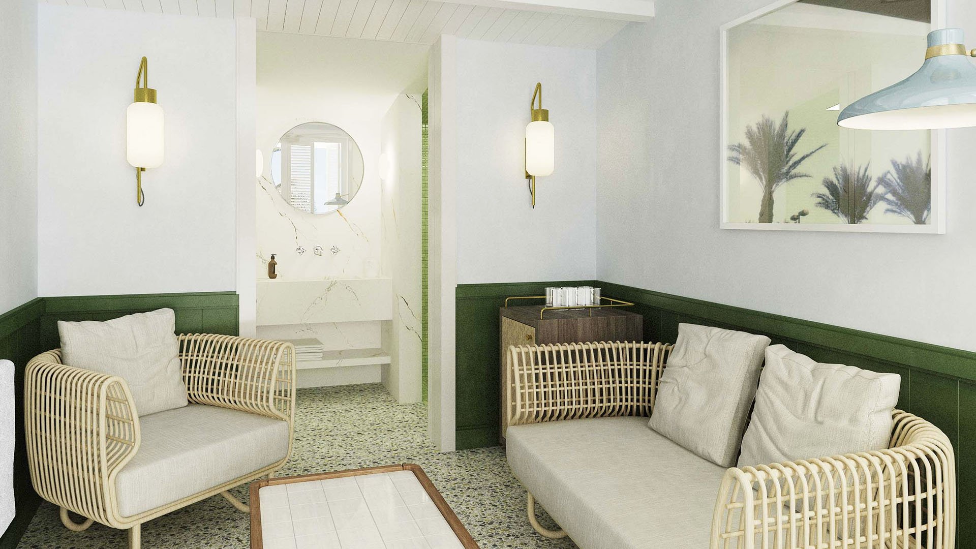 Spa lounge suite with rattan seating, green trim, and a vanity nook at The Surf Club Four Seasons, Fort Lauderdale luxury and ultra luxury condos.