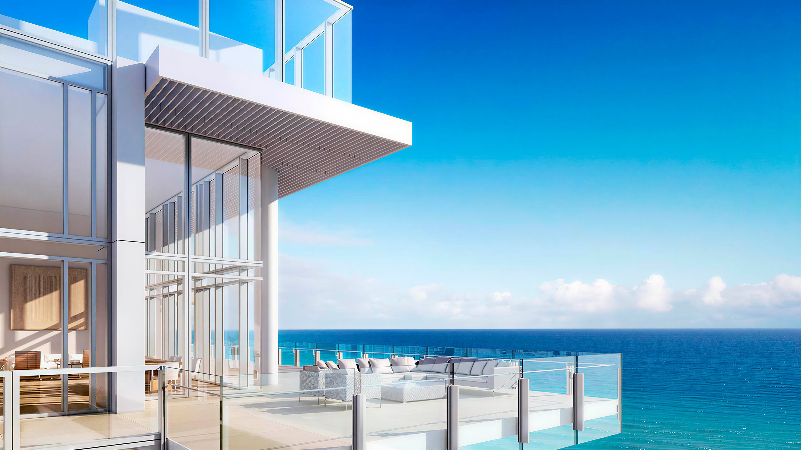 The Surf Club, Surfside oceanfront balcony view; luxury and ultra luxury resale condos in Surfside, Florida, with panoramic Atlantic views and beachfront living. Featuring modern.