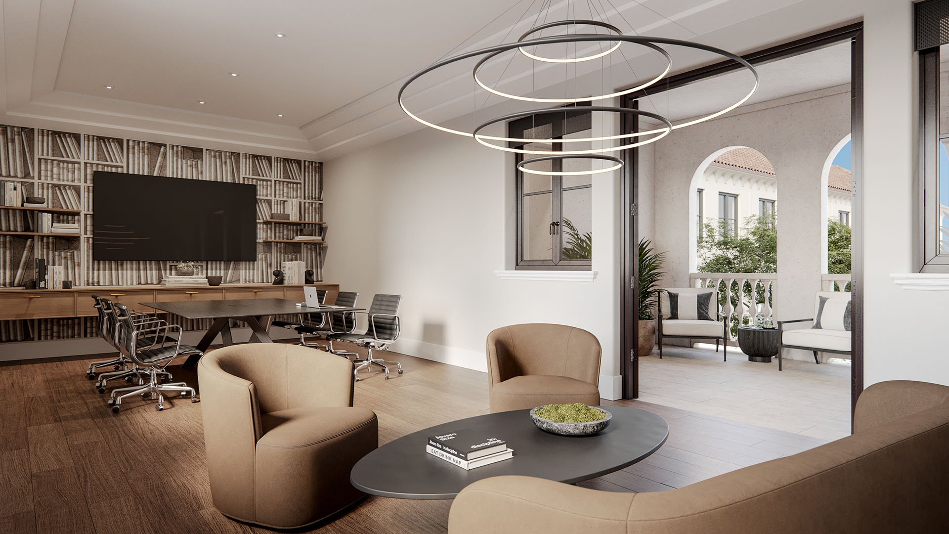 The Village at Coral Gables business center in Coral Gables, Miami featuring conference table, media screen and ring pendant lighting opening to an arched balcony lounge; luxury and ultra luxury preconstruction condos amenities.