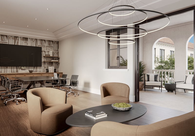 The Village at Coral Gables business center in Coral Gables, Miami featuring conference table, media screen and ring pendant lighting opening to an arched balcony lounge; luxury and ultra luxury preconstruction condos amenities.