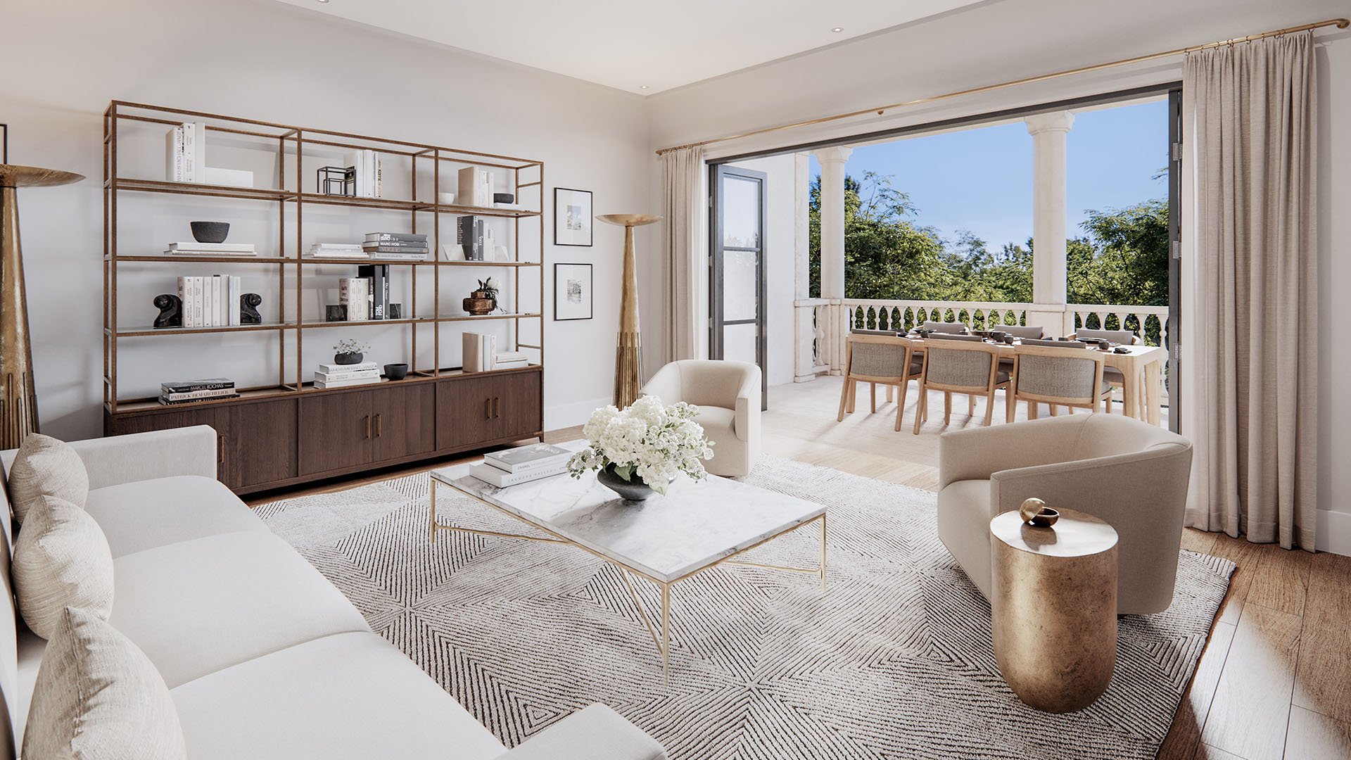 The Village at Coral Gables condo residences living room in Coral Gables, Miami with modern seating and sliding doors to a covered loggia terrace with outdoor dining; luxury and ultra luxury preconstruction condos.