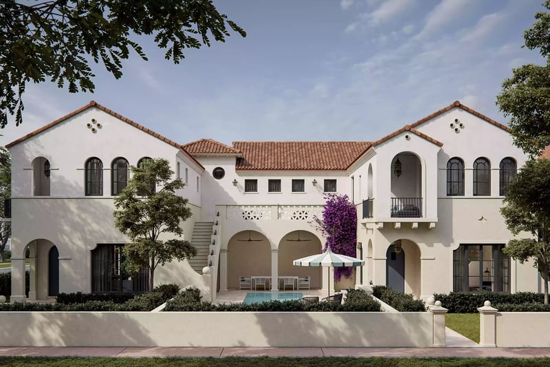 The Village at Coral Gables townhomes courtyard in Coral Gables, Miami with private pool, arched loggia, terrace seating and bougainvillea; luxury and ultra luxury preconstruction condos and townhomes.