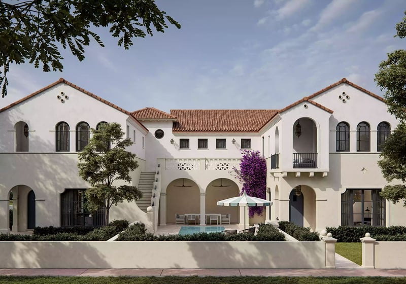 The Village at Coral Gables townhomes courtyard in Coral Gables, Miami with private pool, arched loggia, terrace seating and bougainvillea; luxury and ultra luxury preconstruction condos and townhomes.