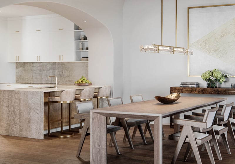 The Village at Coral Gables flats open-concept kitchen and dining in Coral Gables, Miami with arched entry, oversized table, island seating and modern lighting; luxury and ultra luxury preconstruction condos.