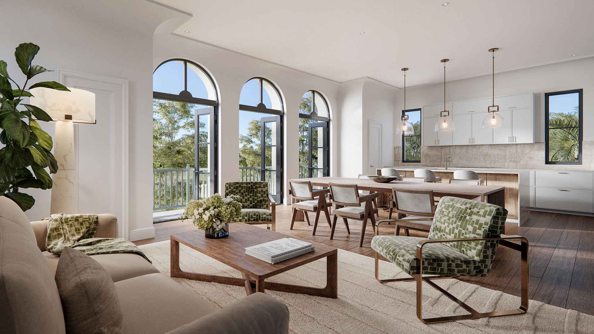 The Village at Coral Gables lofts living room in Coral Gables, Miami with arched windows, balcony doors, open kitchen and dining area; luxury and ultra luxury preconstruction condos.