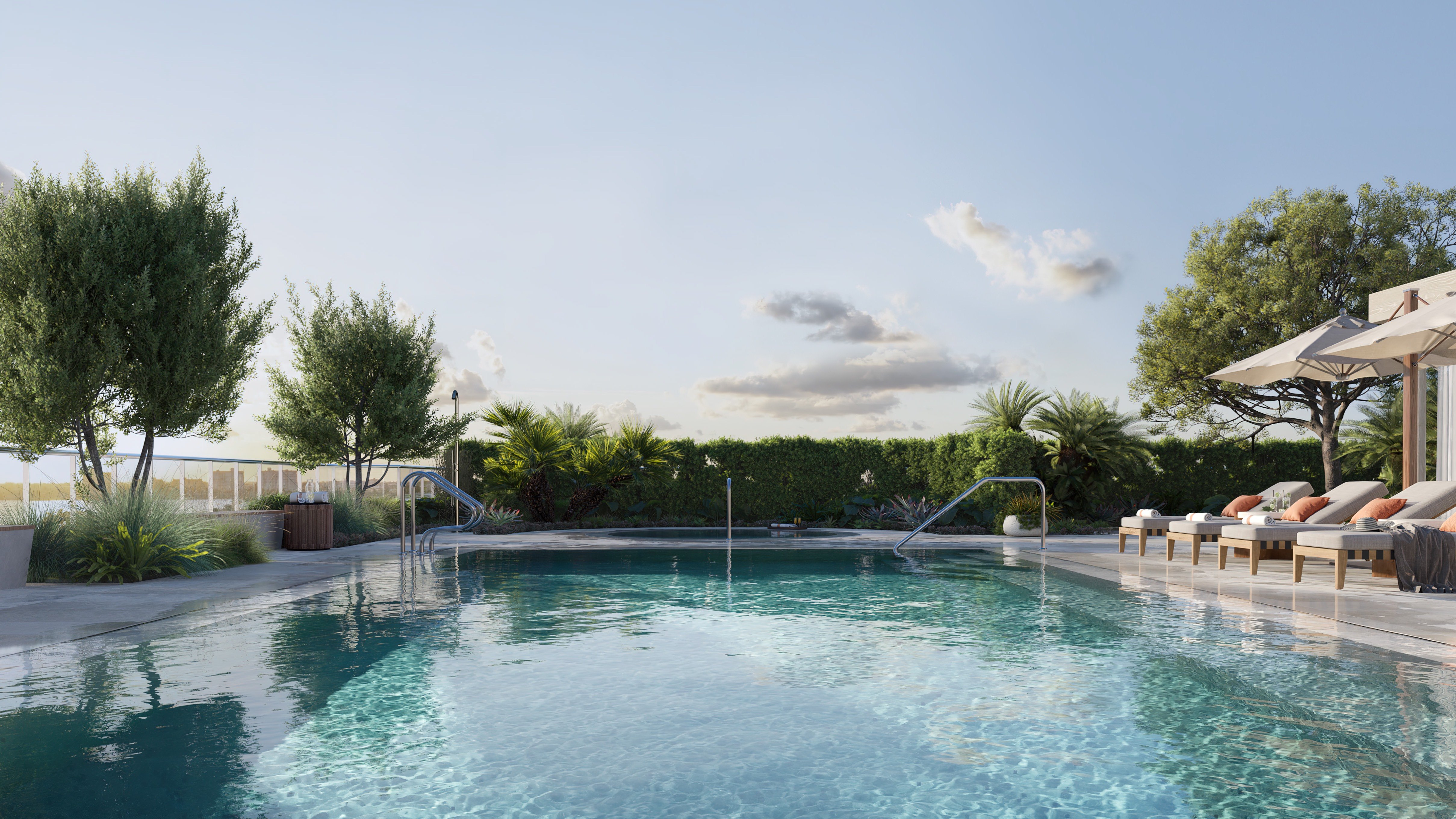 THE WELL Bay Harbor Islands luxury poolside relaxation with cabanas. Bay Harbor Islands, Miami; resort amenities for ultra luxury and luxury condos; preconstruction.