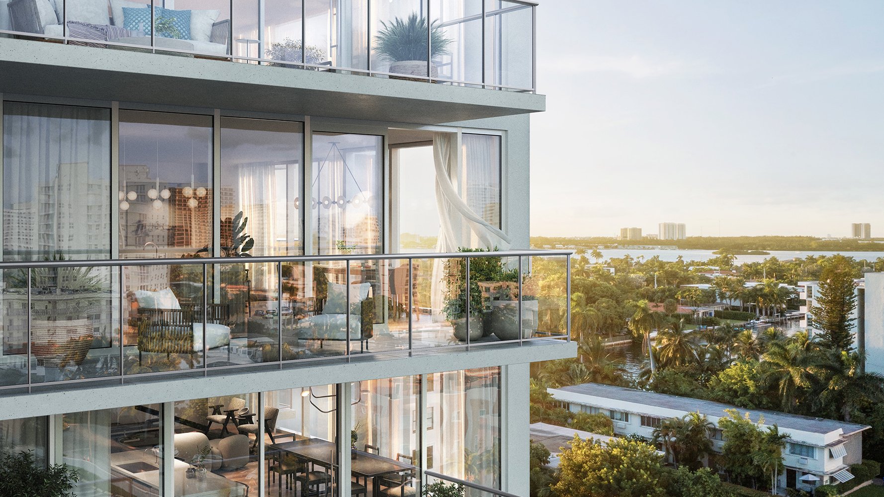 THE WELL Bay Harbor Islands modern apartment balcony with bay view-Bay Harbor Islands, Miami; indoor‑outdoor living in luxury and ultra luxury condos; preconstruction.