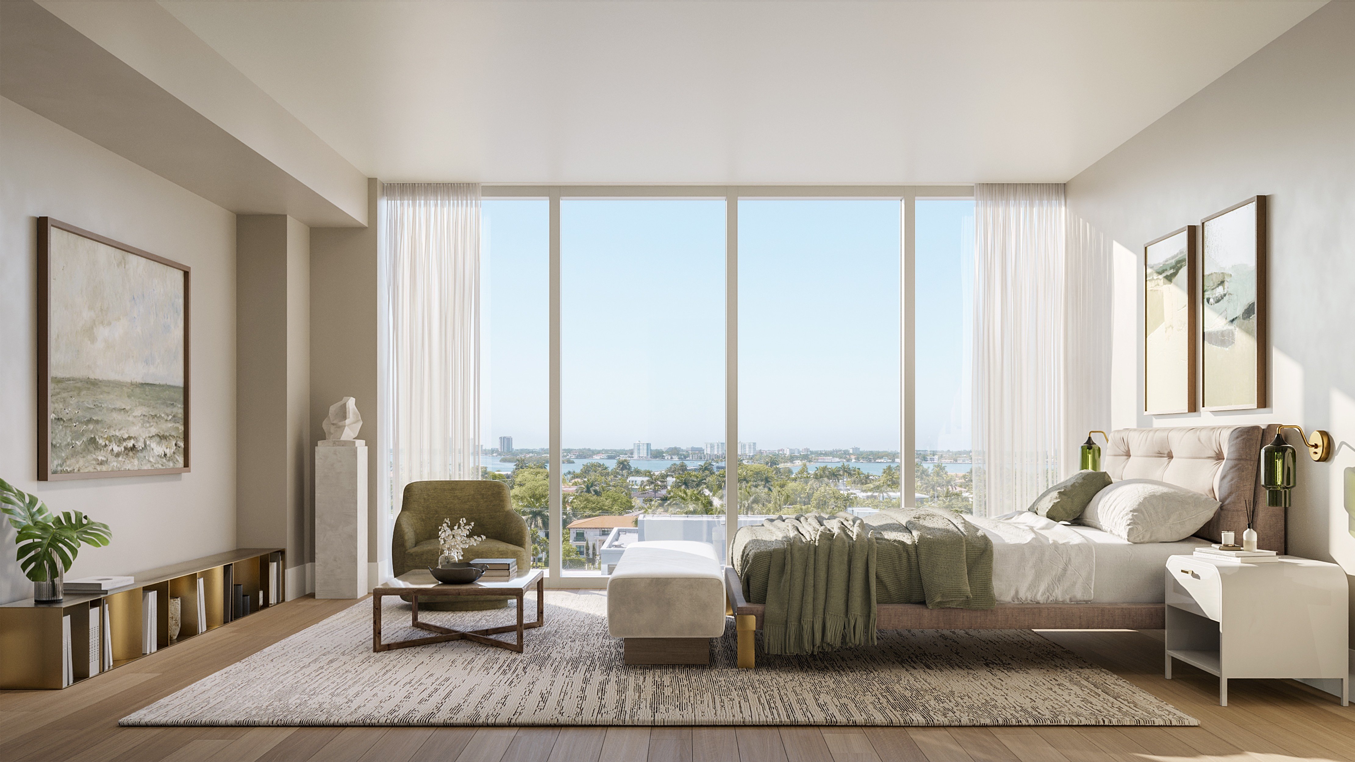 THE WELL Bay Harbor Islands bedroom with skyline and water view. Bay Harbor Islands, Miami; calm retreat in luxury and ultra luxury condos; preconstruction. Featuring modern.