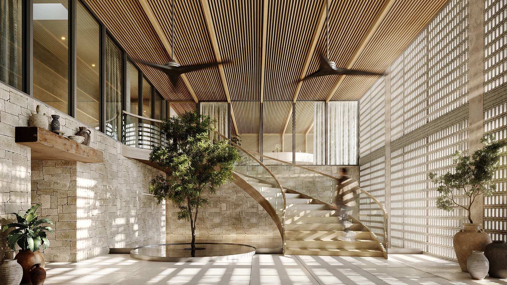 THE WELL Bay Harbor Islands, Miami interior staircase washed in natural light, calming design detail for luxury and ultra luxury condos; preconstruction.