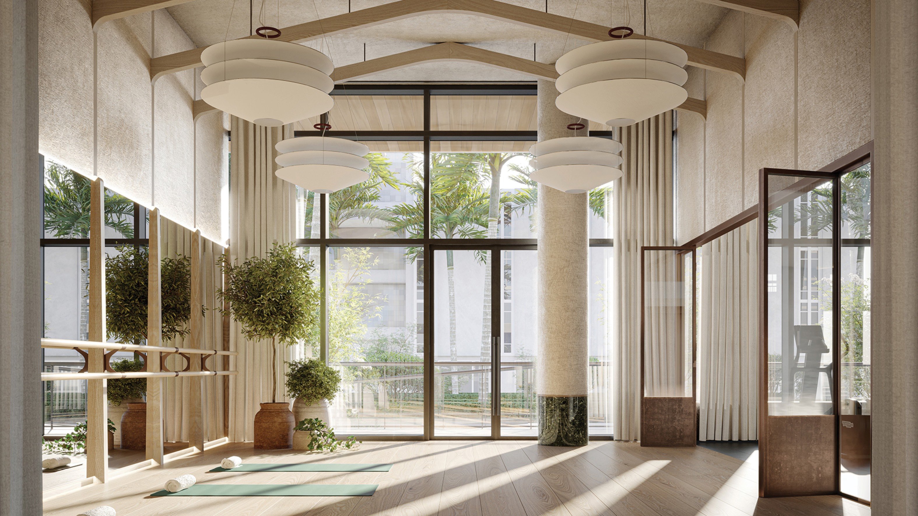 THE WELL Bay Harbor Islands, Miami minimalist yoga studio with wood floors, health‑focused amenity for luxury and ultra luxury condos; preconstruction. Featuring modern interior.