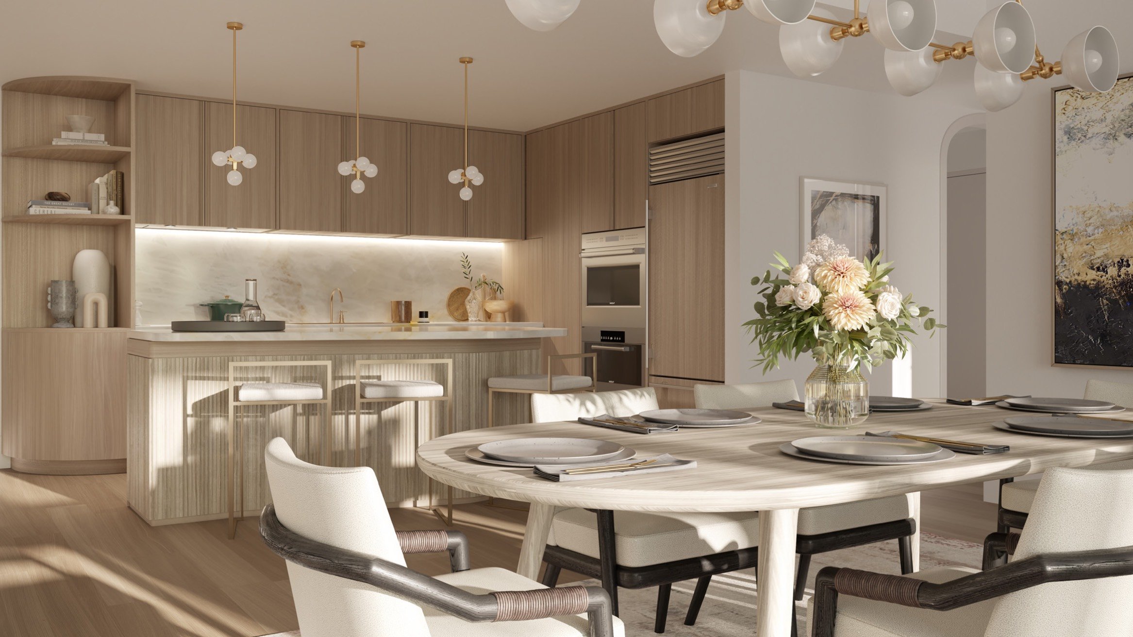 THE WELL Bay Harbor Islands, Miami modern kitchen and dining space, open‑plan layout and premium finishes in luxury and ultra luxury condos; preconstruction.