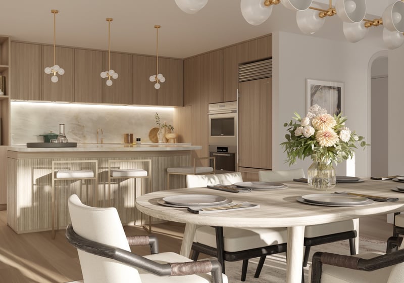 THE WELL Bay Harbor Islands, Miami modern kitchen and dining space, open‑plan layout and premium finishes in luxury and ultra luxury condos; preconstruction.