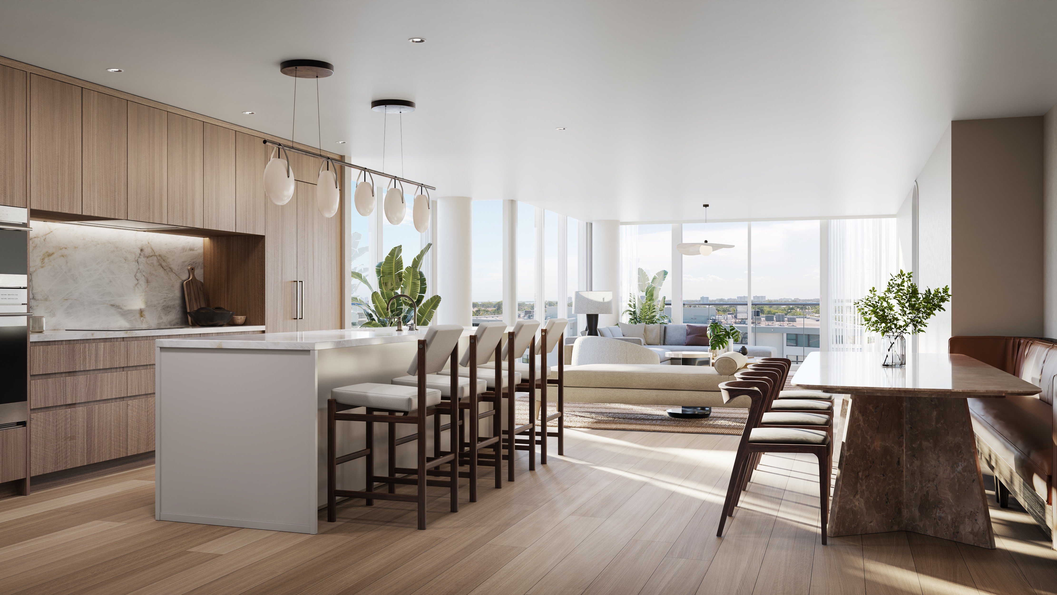 THE WELL Bay Harbor Islands, Miami kitchen and living space interior, seamless flow to balcony in luxury and ultra luxury condos; preconstruction. Featuring modern design.