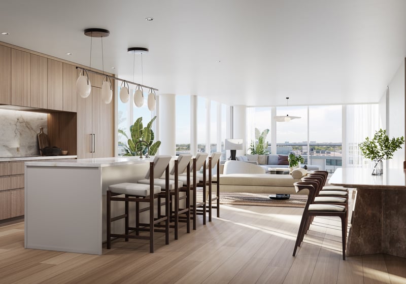 THE WELL Bay Harbor Islands, Miami kitchen and living space interior, seamless flow to balcony in luxury and ultra luxury condos; preconstruction. Featuring modern design.