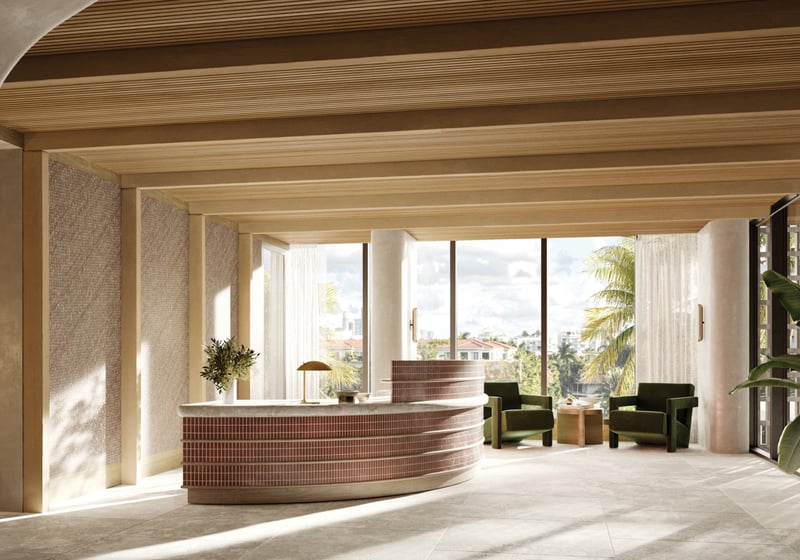 THE WELL Bay Harbor Islands, Miami lobby interior design with warm wood and greenery, boutique arrival for luxury and ultra luxury condos; preconstruction. Featuring modern.