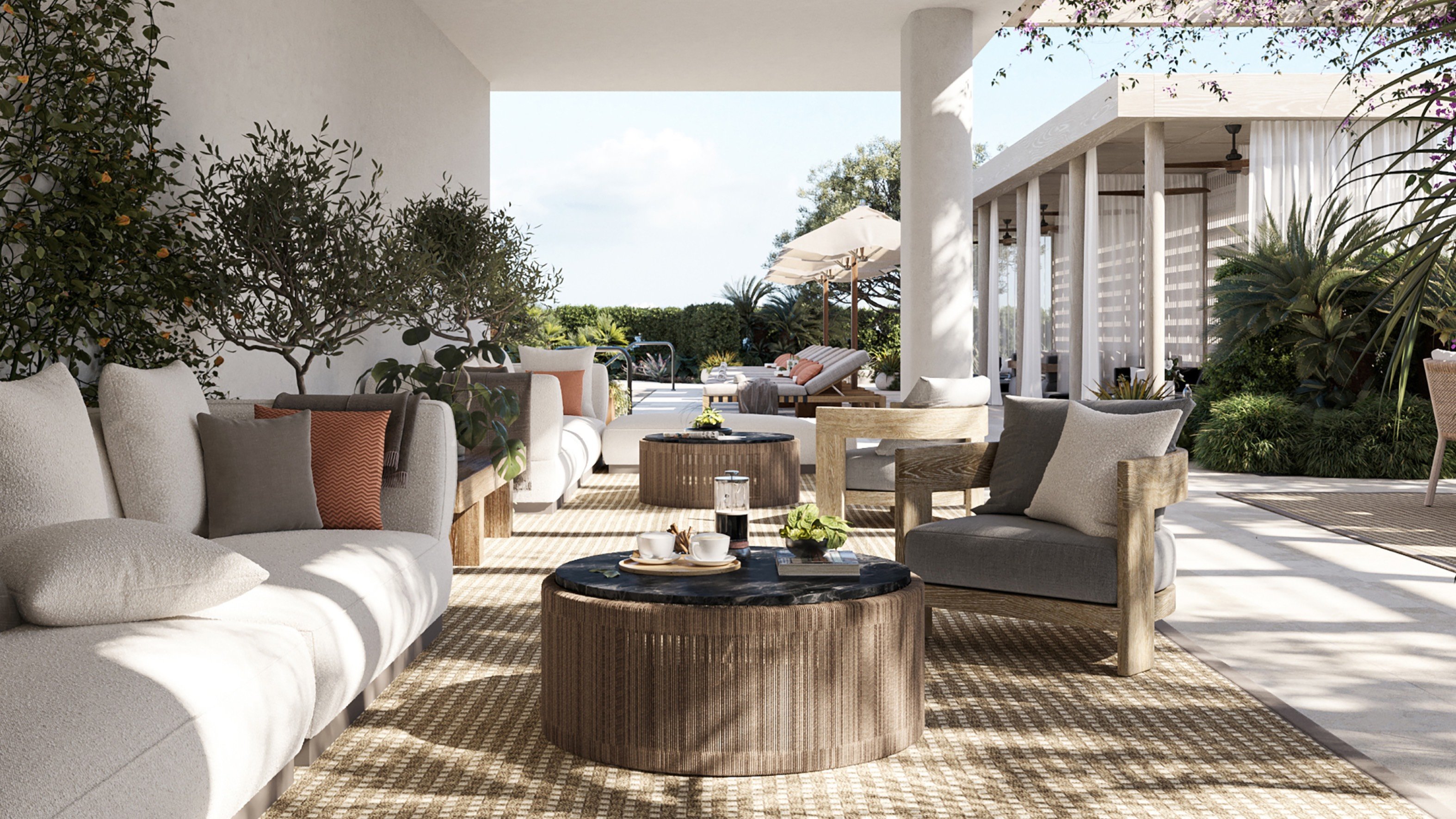 THE WELL Bay Harbor Islands, Miami modern outdoor living space with seating and planters - indoor‑outdoor lifestyle in luxury and ultra luxury condos; preconstruction.