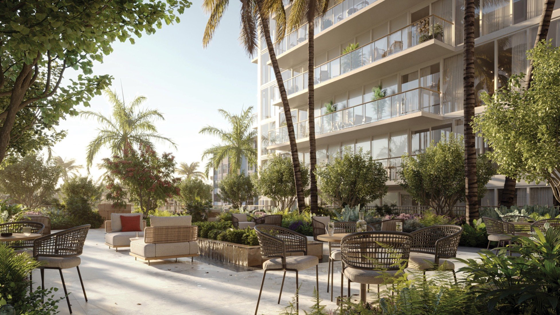 THE WELL Bay Harbor Islands, Miami poolside lounge with gardens and cabanas, resort ambiance for luxury and ultra luxury condos; preconstruction. Featuring modern and outdoor.