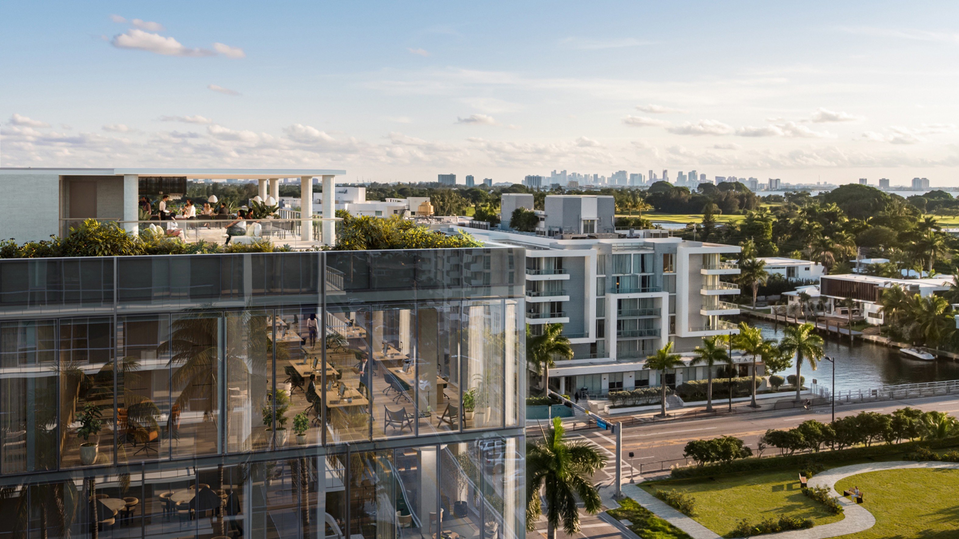 THE WELL Bay Harbor Islands, Miami modern urban living with Miami skyline backdrop, central location for luxury and ultra luxury condos; preconstruction.