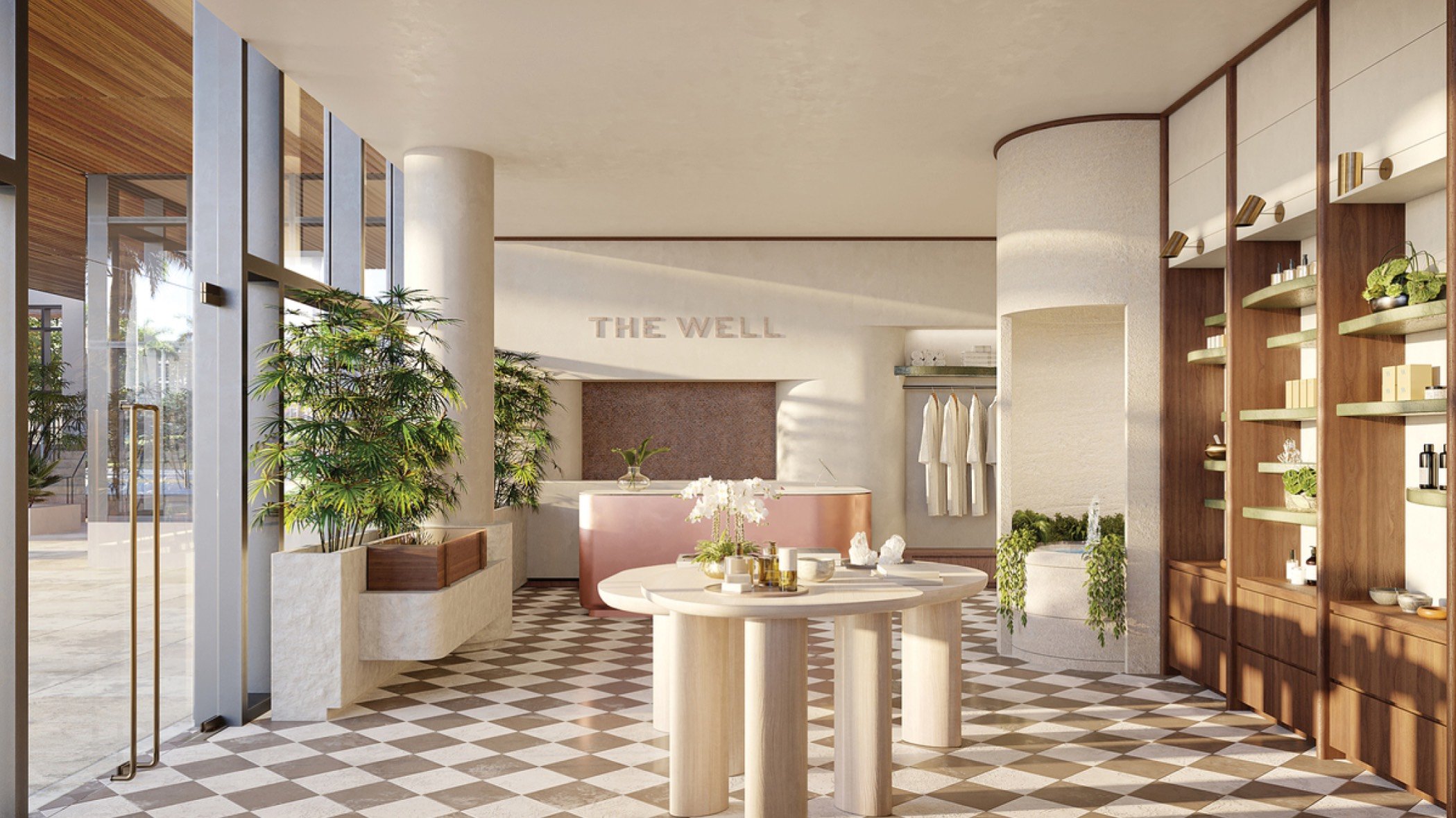 THE WELL Bay Harbor Islands, Miami wellness center interior with calming design, holistic amenities for luxury and ultra luxury condos; preconstruction.