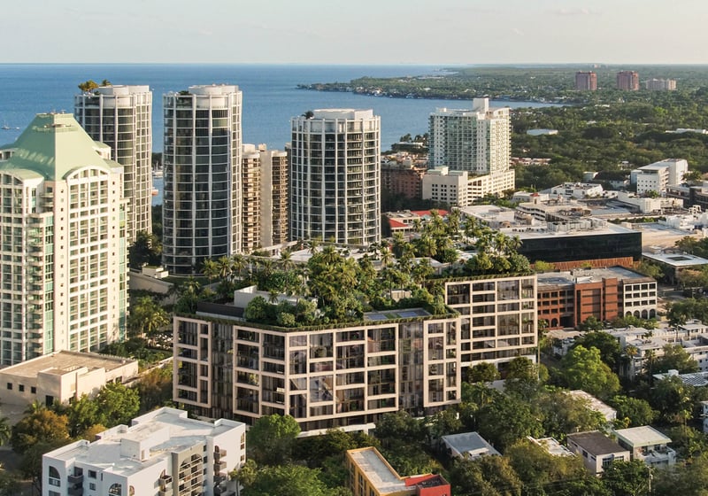 THE WELL Coconut Grove, Miami waterfront high‑rises and marinas, sought‑after area for luxury and ultra luxury condos; preconstruction. Featuring cityscape.
