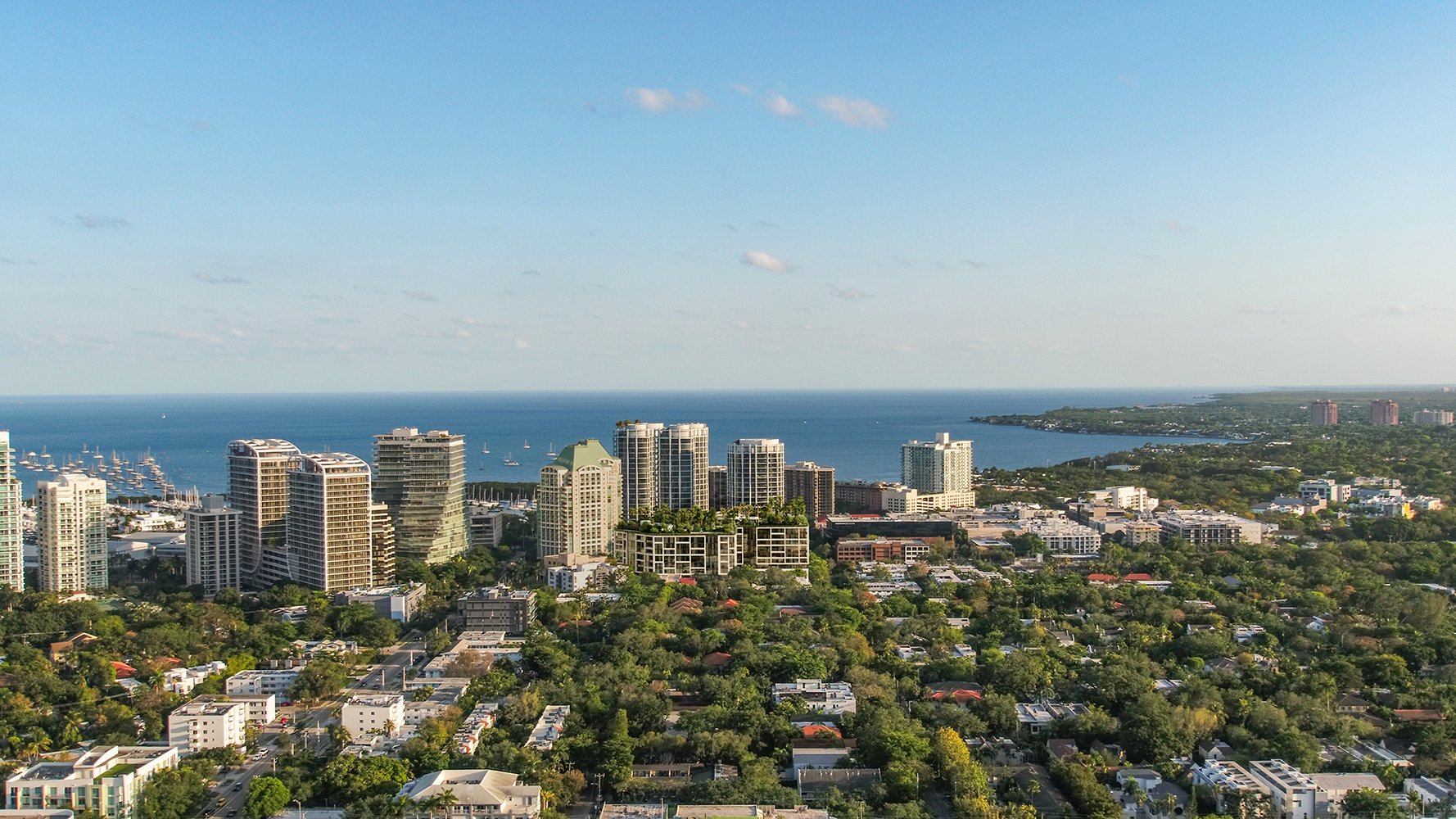 THE WELL Coconut Grove, Miami coastal cityscape skyline with parks and bay, prime location for luxury and ultra luxury condos; preconstruction.