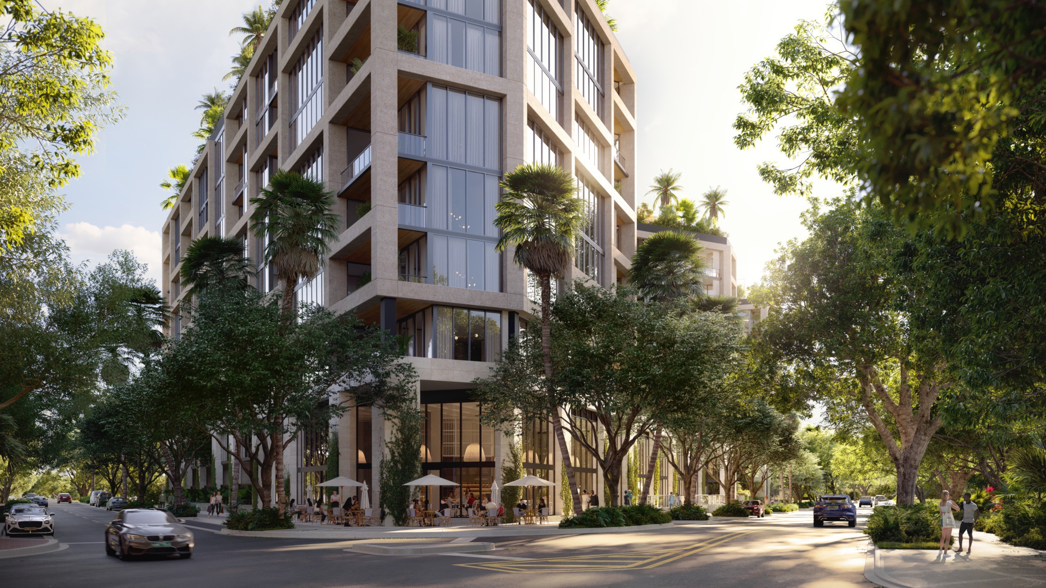 THE WELL Coconut Grove, Miami street view of modern architecture and palms, vibrant neighborhood for luxury and ultra luxury condos; preconstruction. Featuring tropical.