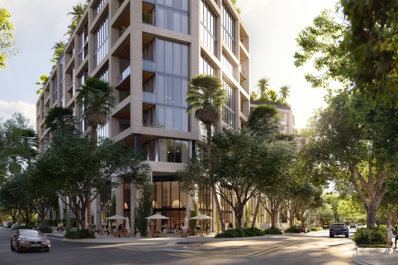 THE WELL Coconut Grove, Miami street view of modern architecture and palms, vibrant neighborhood for luxury and ultra luxury condos; preconstruction. Featuring tropical.