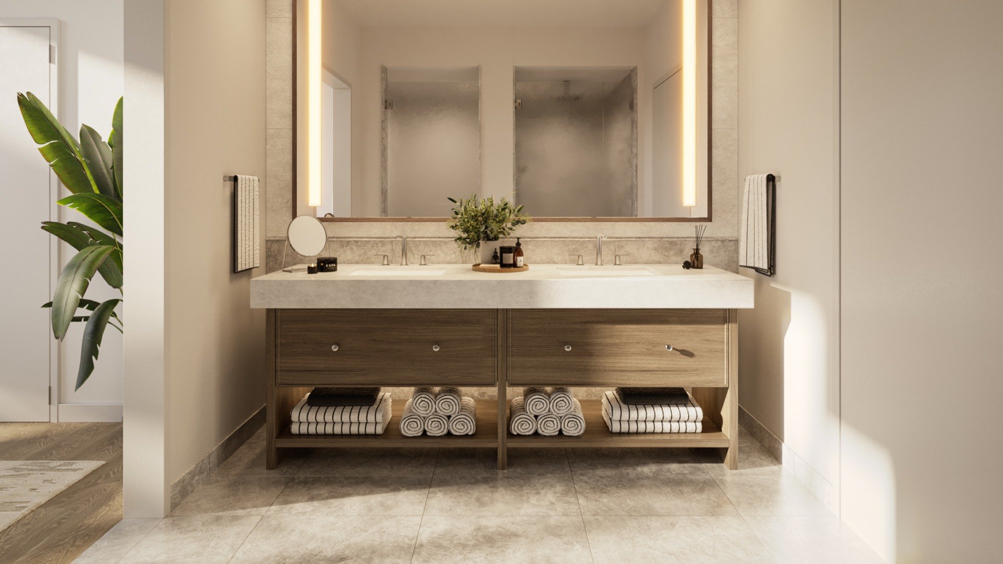 THE WELL Coconut Grove, Miami modern bathroom interior design with spa finishes, elevated sanctuary in luxury and ultra luxury condos; preconstruction.