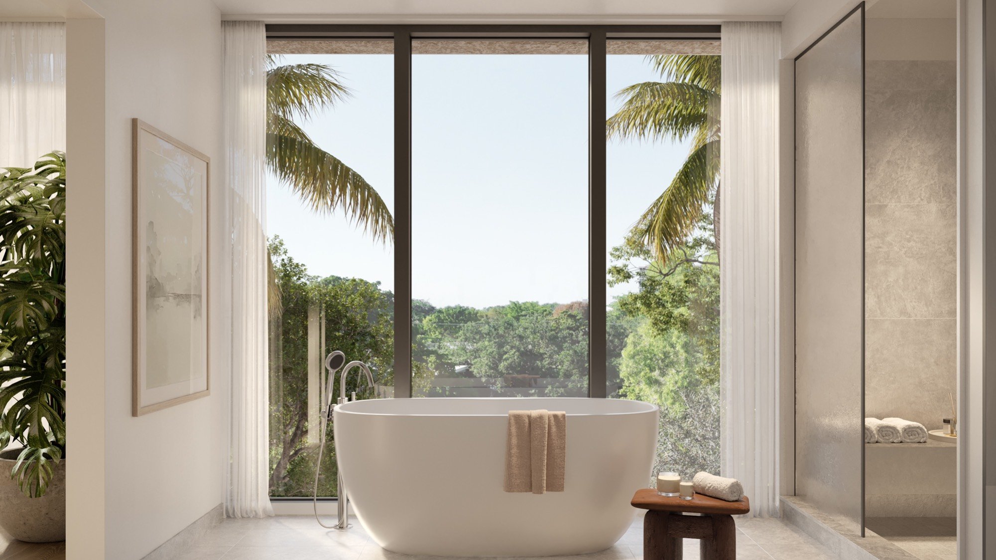 THE WELL Coconut Grove, Miami modern bathroom retreat with bay view, wellness finishes in luxury and ultra luxury condos; preconstruction.