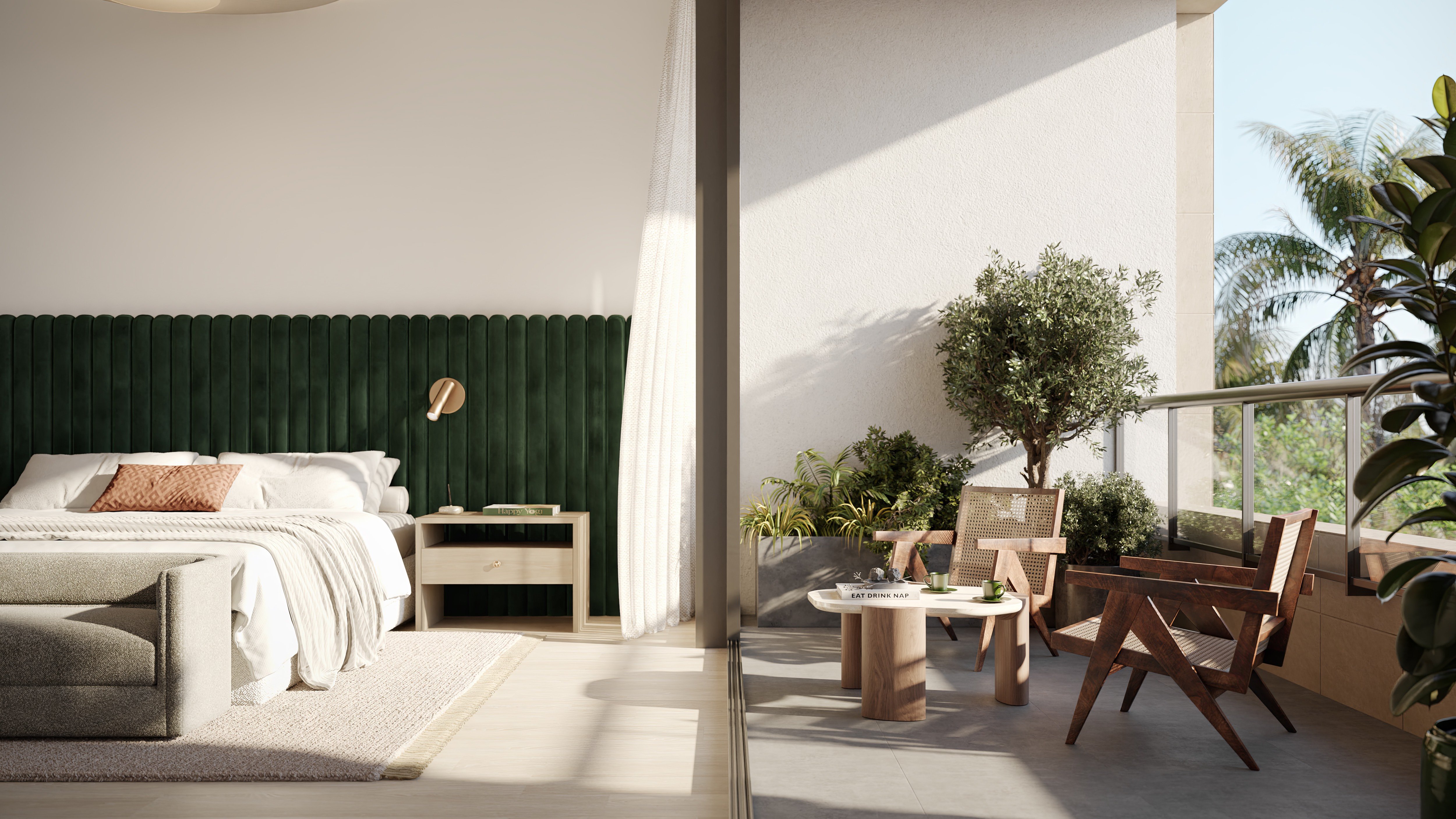 THE WELL Coconut Grove, Miami bedroom with balcony and soft neutrals, serene suite within luxury and ultra luxury condos; preconstruction. Featuring modern interior design.