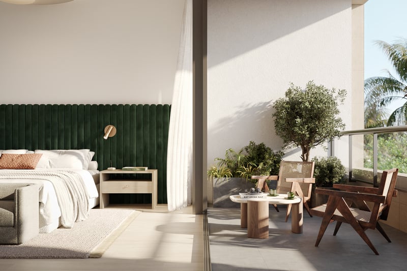 THE WELL Coconut Grove, Miami bedroom with balcony and soft neutrals, serene suite within luxury and ultra luxury condos; preconstruction. Featuring modern interior design.