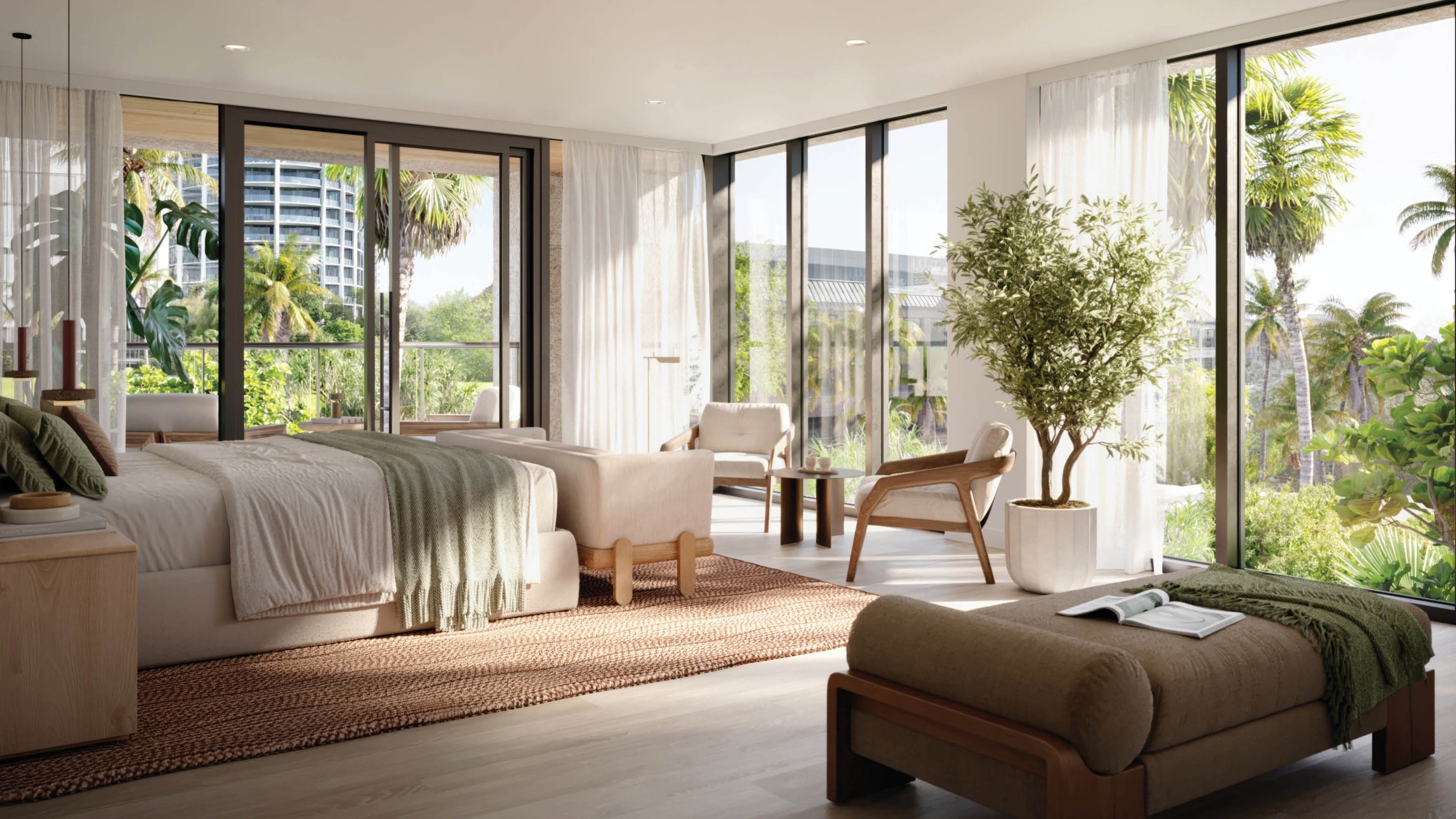 THE WELL Coconut Grove, Miami bedroom with wide city and bay view, light‑filled luxury and ultra luxury condos; preconstruction. Featuring modern interior.